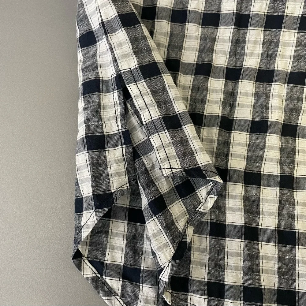 Veronica Beard Navy and White Plaid Ruched -Sleeve Blouse